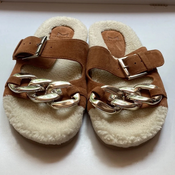 Marc Fisher Shoes Marc Fisher Fresno Natural Tan Shearling Sherpa Slide Sandals - Picture 4 of 8
